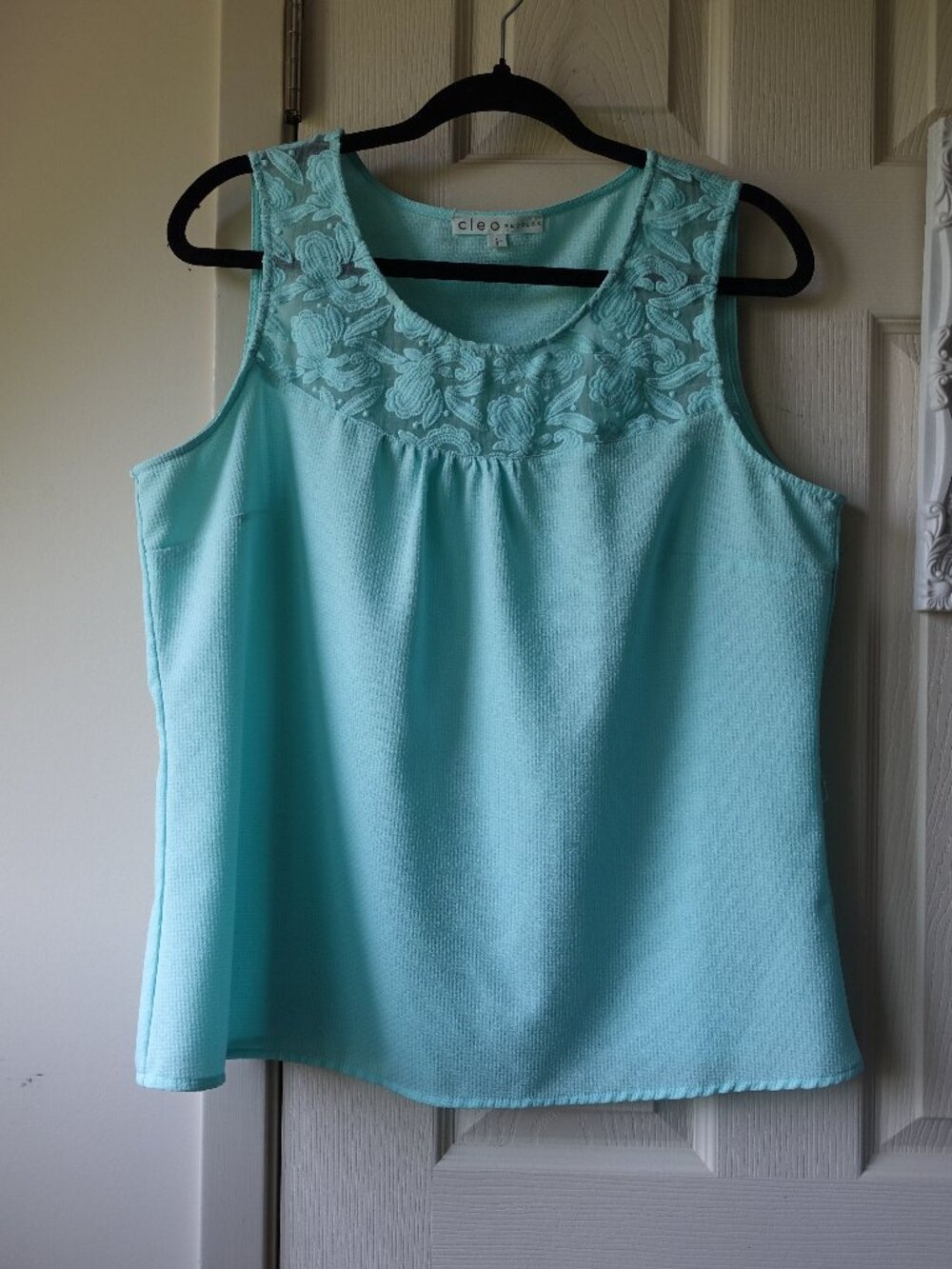 cleo Mint Green Embroidered Neckline Sleeveless Top